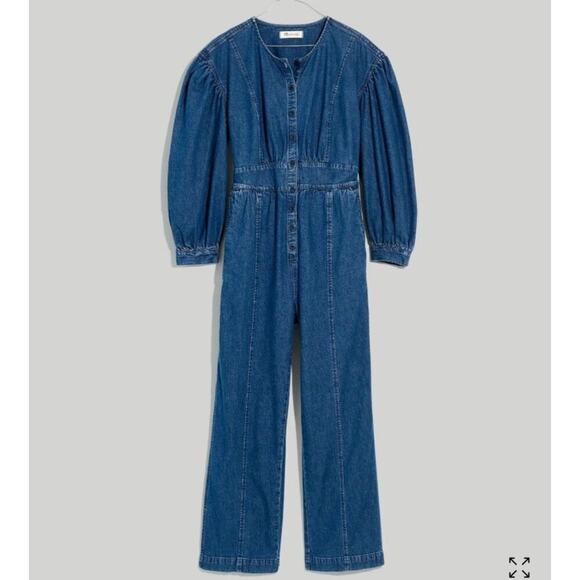 Madewell Denim Straight Leg Jumpsuit Womens Size 2 Cotton Hemp Puff Sleeve Fall - Picture 3 of 7